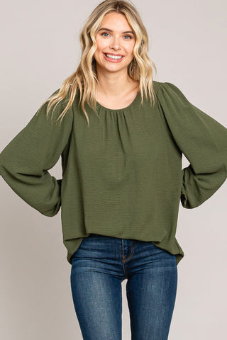 Long Sleeve Bubble Detail Top in Olive (Extended Sizes)