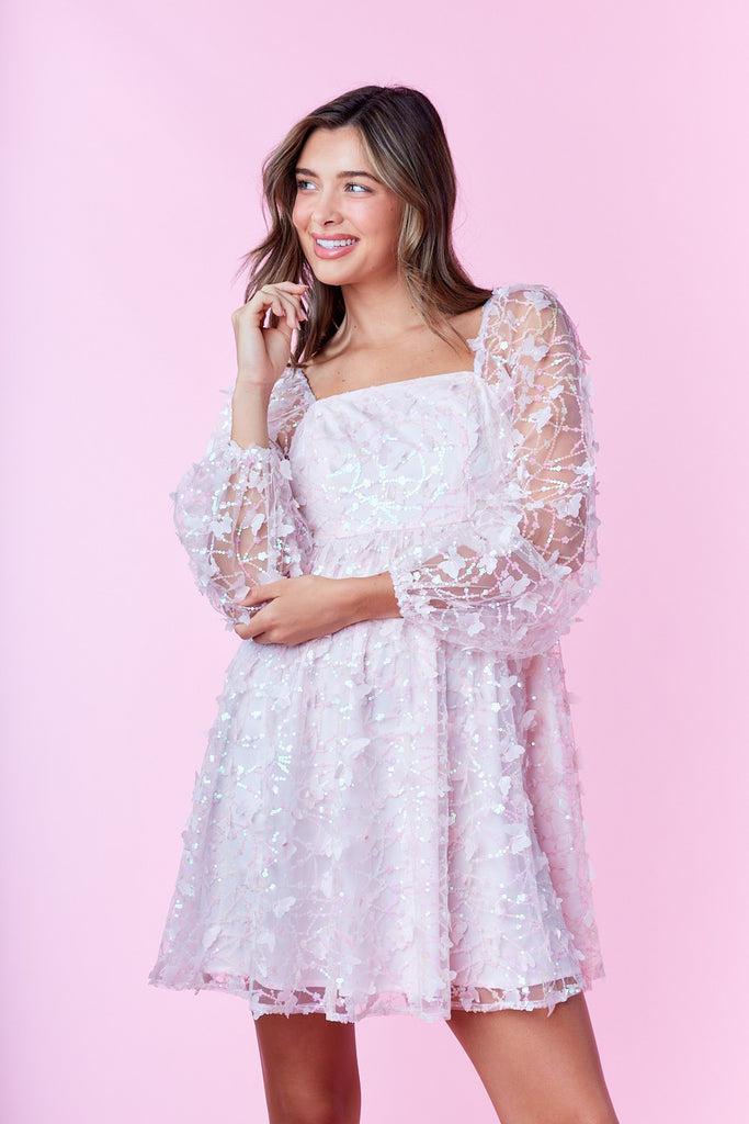 mesh babydoll dress Butterfly & Sequins Embroidered Mesh Babydoll Dress Pink / L
