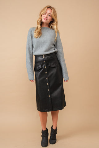 Charlotte Midi Button Leather Skirt in Black