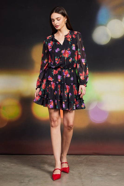 Floral Printed Ruffle Mini Dress: Black-Multi - Lulu Bella Boutique
