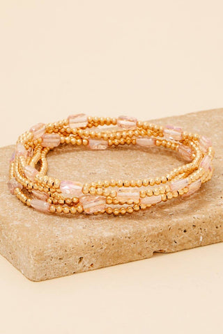 Faceted Glass Charms Metallic Beaded Bracelet Set: PINK - Lulu Bella Boutique