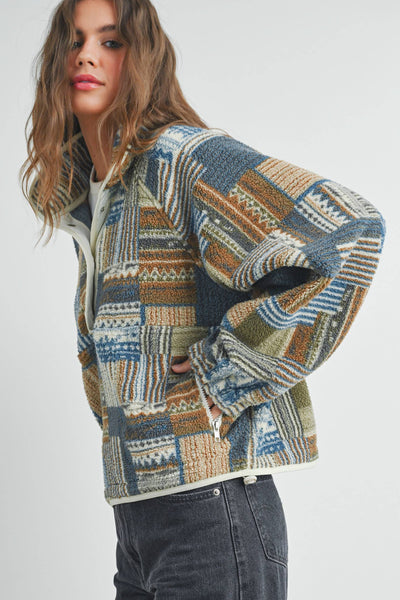 The Moss Patchwork Fleece Half Snap Top: BLUE MULTI