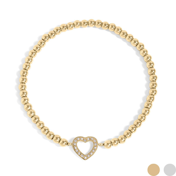 18K Gold PVD Stainless Steel Stone Heart Metal Beaded Stretch Bracelet: Gold