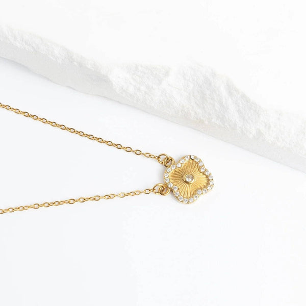 18K Gold Stainless Steel Floral Motif Necklace with Stone: Gold - Lulu Bella Boutique