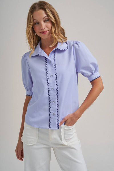 PIN STRIPE BLOUSE TOP WITH SCALLOP EDGE STITCHING DETAIL: BLUE/IVORY / S-M-L(2-2-2) - Lulu Bella Boutique