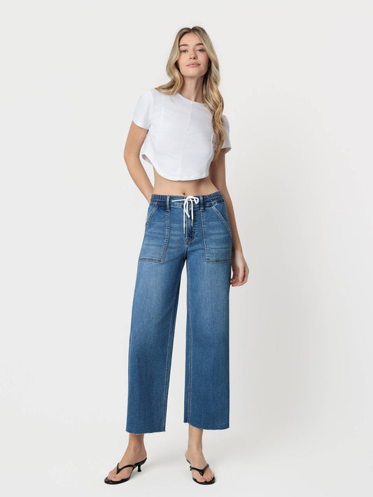 HIGH RISE SUPER SOFT FABRIC DRAWSTRING BAGGY WIDE JEANS