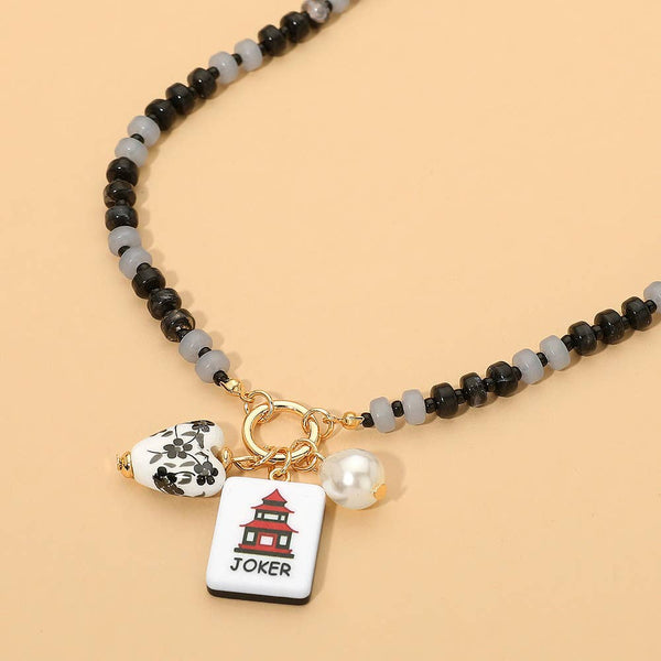 Mahjong Tile Charm Pearl Floral Bead Ball Charm Pendant Beaded Necklace: Blue,Gold