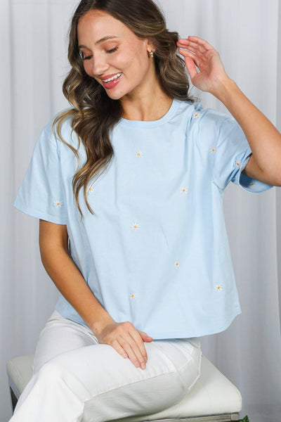 Floral Embroidered Crew Neck 100% Cotton Knit Top VT82319: Blue / S - Lulu Bella Boutique