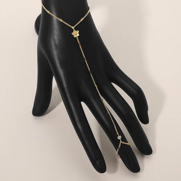 Delicate Flower Charm Accent Hand Chain Bracelet: Clear,Rhodium - Lulu Bella Boutique