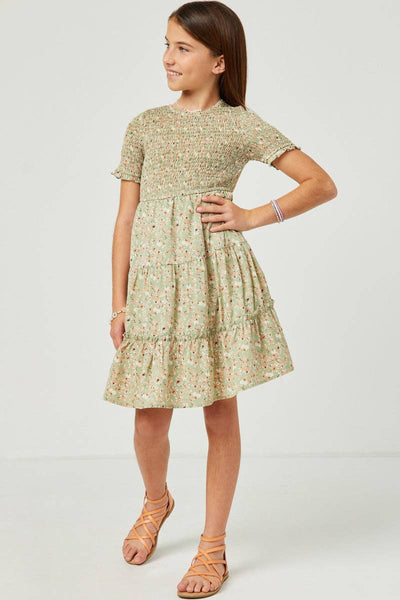 Girls Floral Smocked Tiered Skirt Dress: Sage