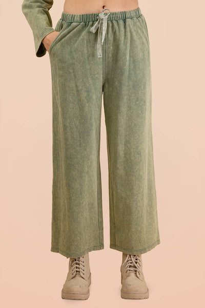 Mineral Washed Casual Knit Top & Pants Set: SAGE