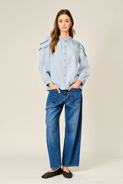 RUFFLES LONG SLEEVE CHAMBRAY TOP: LT DENIM