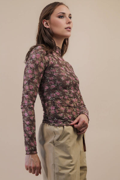 High Neck Fitted Sheer Mesh Lace Knit Top: CHOCOLATE FLORAL