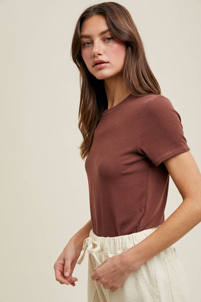 RIBBED KNIT BASIC T-SHIRT: ESPRESSO - Lulu Bella Boutique
