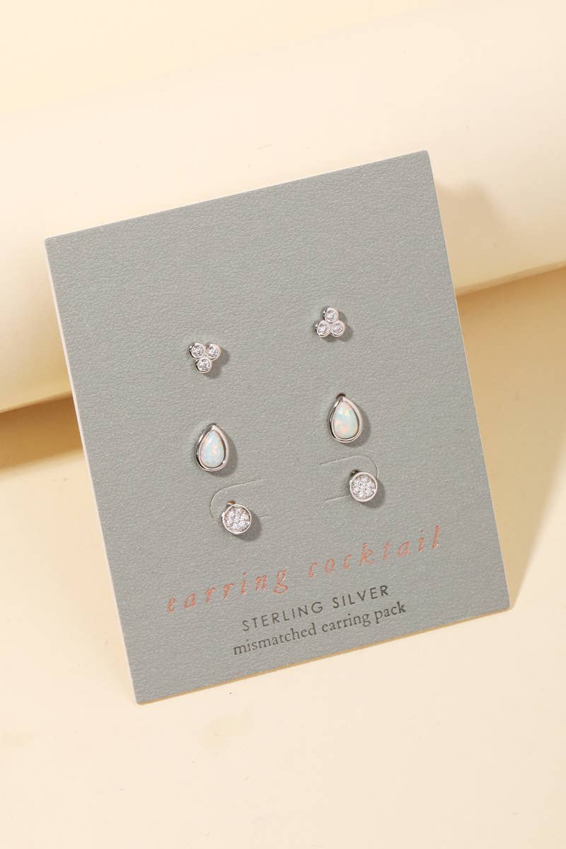 Sterling Silver Three Pair Stud Earring Set: S