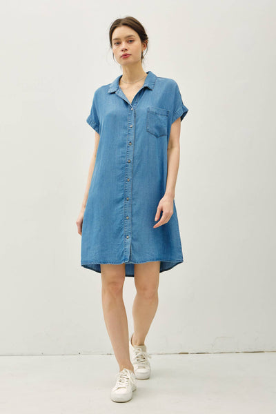 DENIM WASH BUTTON DOWN TENCEL DRESS : MED WASH / S - Lulu Bella Boutique