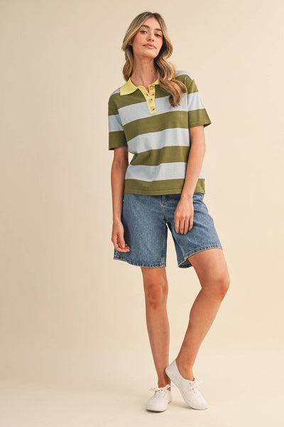 STRIPED SWEATER KNIT SHORT SLEEVE POLO MSW11339: BLUE SAGE / S - Lulu Bella Boutique