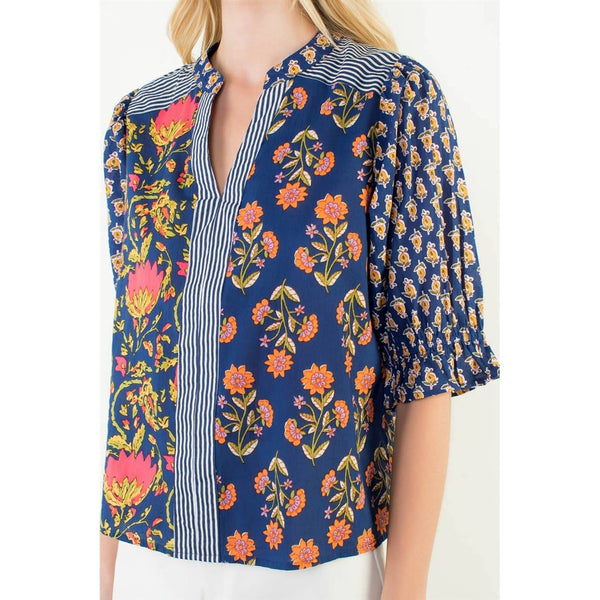 Short Sleeve Floral Detailed Top: BLUE / XS-S-M-L(1-2-2-1) - Lulu Bella Boutique