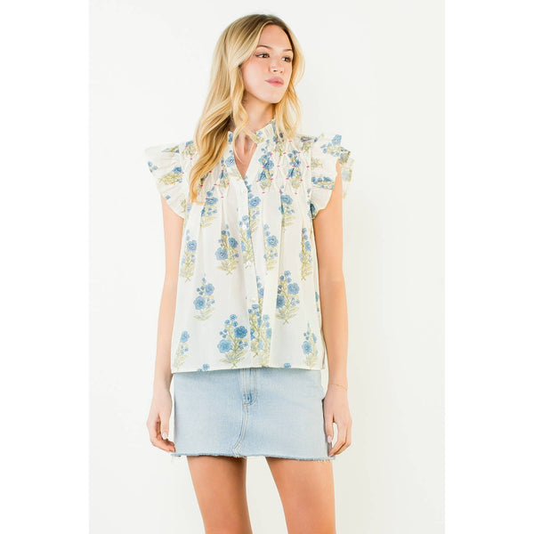 Flutter Sleeve Floral Pattern Top: CREAM / XS-S-M-L(1-2-2-1) - Lulu Bella Boutique