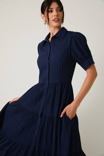 PUFF HALF SLEEVE BUTTON DOWN TIERED MIDI DRESS: NAVY / S - Lulu Bella Boutique