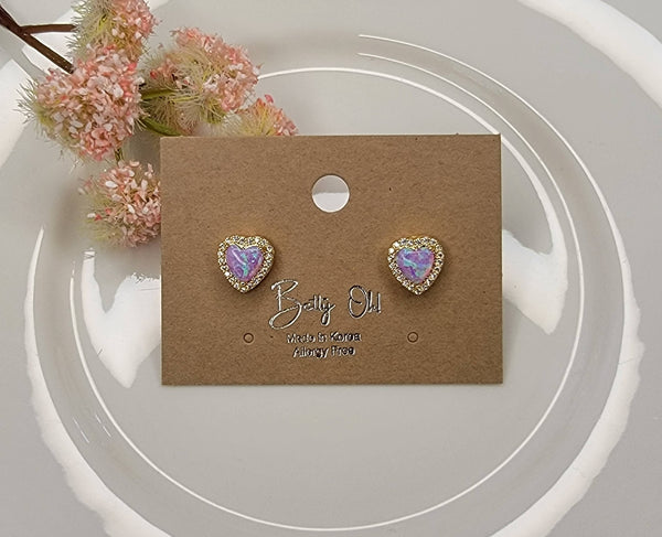 HEART SHAPE SEMI PRECIOUS STONE POST EARRINGS.: PINK OPAL - Lulu Bella Boutique