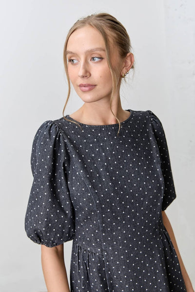 Denim Polkadot Bubble Sleeve Midi Dress: BLACK DENIM