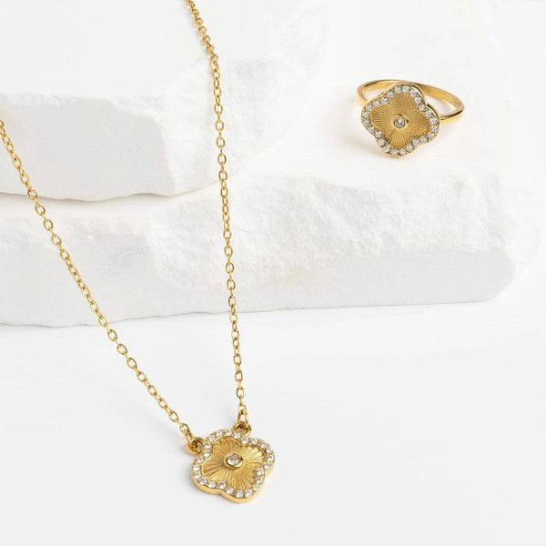 18K Gold Stainless Steel Floral Motif Necklace with Stone: Gold - Lulu Bella Boutique