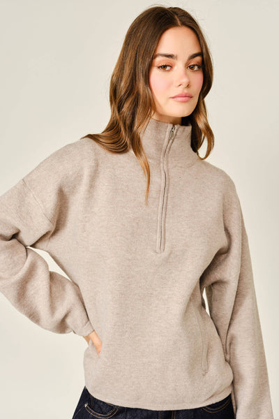 WOOL MIX HALF ZIP UP PULLOVER SWEATER: MOCHA