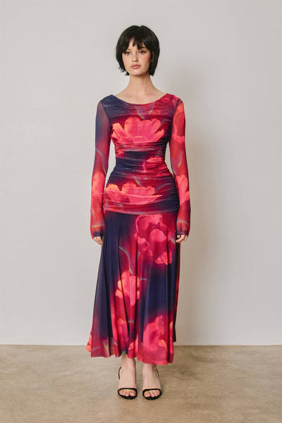 Floral Mesh Ruched Maxi Dress: PLUM ROSE