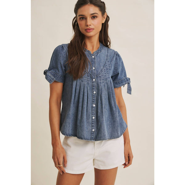 SUNNY DAY MINERAL-WASHED DENIM PINTUCK SHIRT WITH TIE SLVS: WASHED DENIM / S - Lulu Bella Boutique