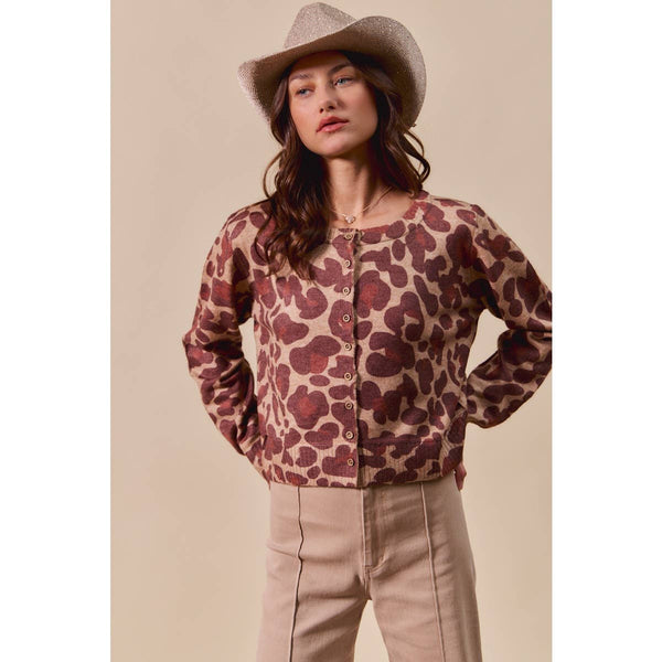 LEOPARD PRINT BUTTON UP SWEATER CARDIGAN: LEOPARD