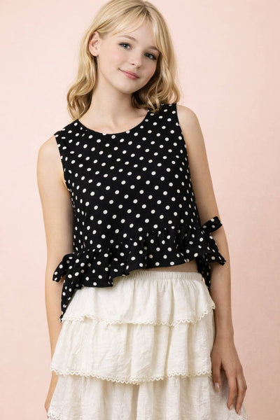 NT12128-Side Tie Detail Ruffled Top: BLACK DOT / S-M-L/2-2-2 - Lulu Bella Boutique