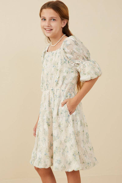 Girls Floral Printed Mesh Puff Sleeve Dress: Cream