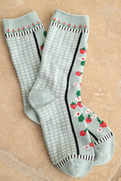 A5600   STRAWBERRY AND MULTI PATTERN SOCKS: SAGE / One Size - Lulu Bella Boutique
