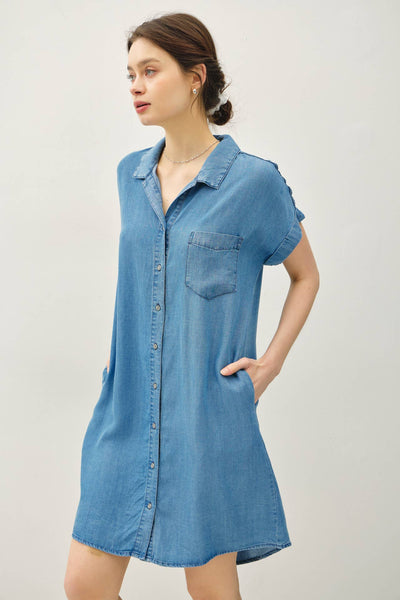 DENIM WASH BUTTON DOWN TENCEL DRESS : MED WASH / S - Lulu Bella Boutique