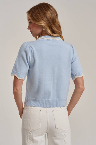 SCALLOPED BUTTON FRONT CARDIGAN WITH PETER PAN COLLAR: BLUE/IVORY / S-M-L(2-2-2) - Lulu Bella Boutique