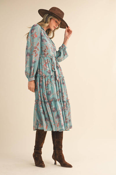 PAISLEY PRINT RUFFLE TIERED MIDI DRESS: SEAFORM