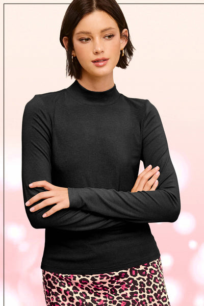 Stretchy Ribbed Long Sleeve Mock Neck Basic Top: Onyx / S