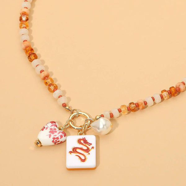 Mahjong Tile Charm Pearl Floral Bead Ball Charm Pendant Beaded Necklace: Blue,Gold