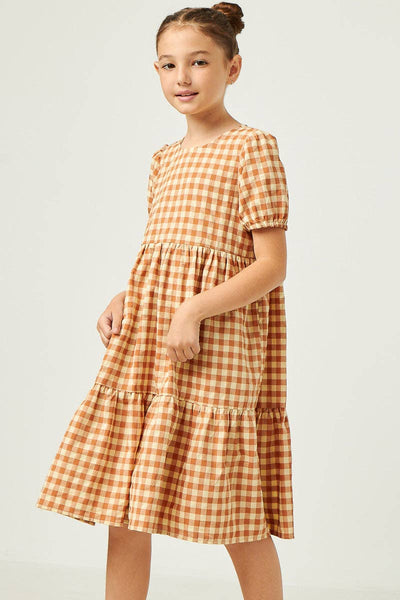 Girls Puff Sleeve Gingham Tiered Dress: Apricot