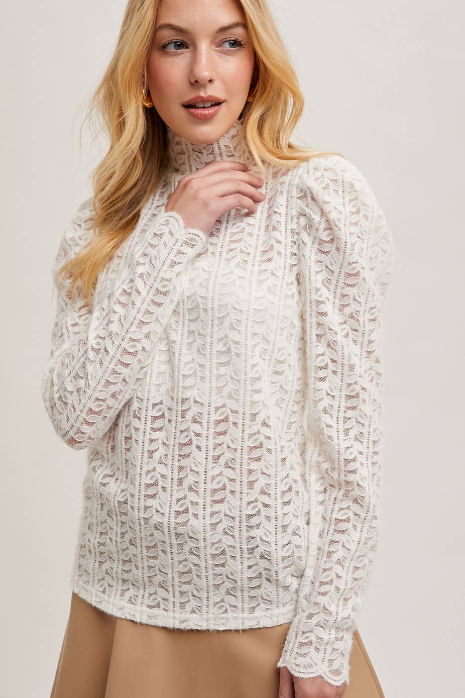 MOCK NECK SHEER ELEGANT LACE BLOUSE: IVORY / L