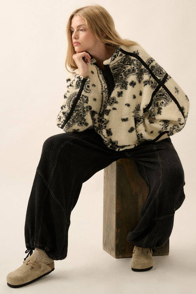 Floral Sherpa Fleece Half-Zip Pullover Jacket: Cream-Black / S - Lulu Bella Boutique