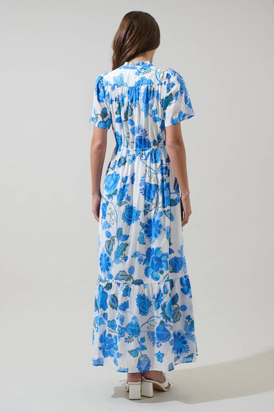 Samian Floral Kissa Button Down Maxi Dress: WHITE-BLUE-GREEN / S