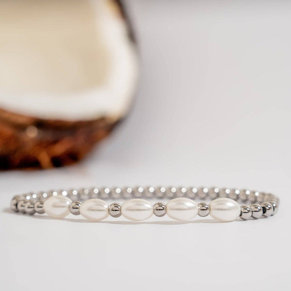 18K Gold PVD 8mm Kiska Glass Pearl Stretch Bracelet: Gold