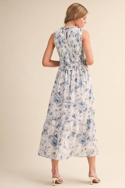 EXCLUSIVE FLORAL PRINT SMOCKED MIDI DRESS MDR4633: IVORY BLUE FLORAL / S - Lulu Bella Boutique