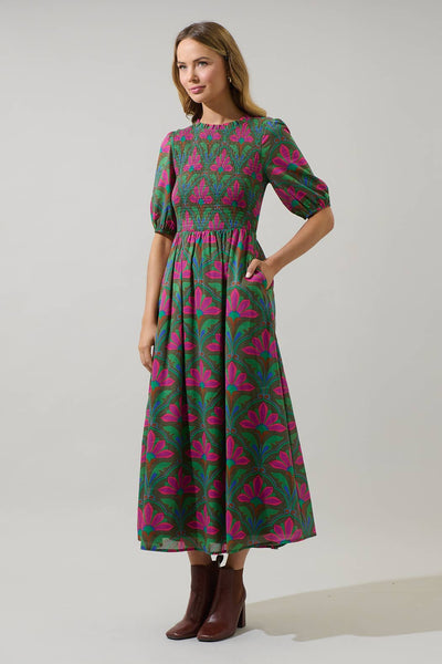 Evanna Floral Bermy Smocked Maxi Dress: KELLY-GREEN-PINK
