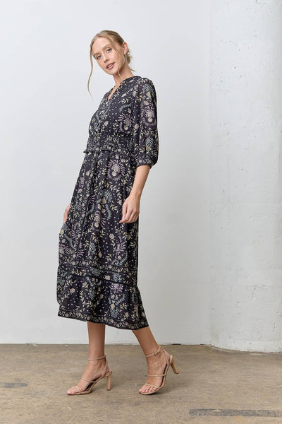 PRINTED V-NECK MIDI DRESS: BLACK MULTI