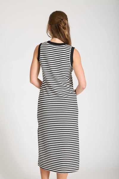 STRIPE HENLEY TANK KNIT MIDI DRESS: BLACK - Lulu Bella Boutique