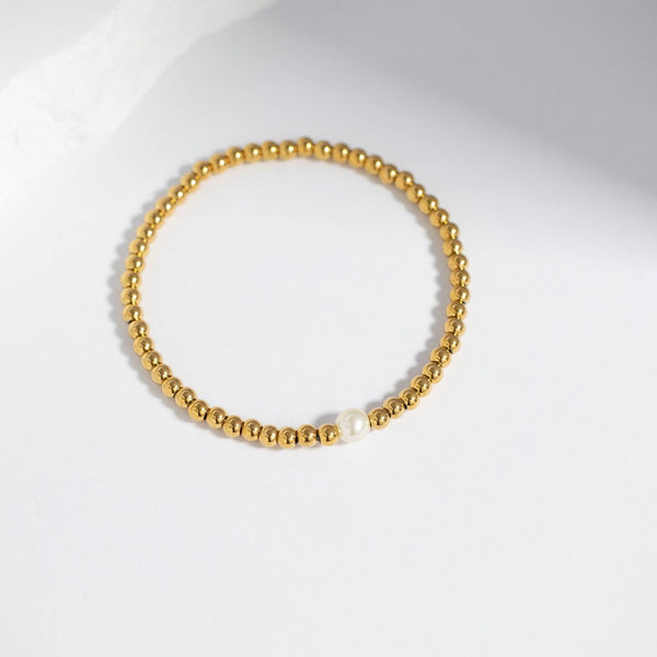 18K Gold PVD Stainless Steel Stretch Bracelet with Pearl: Gold