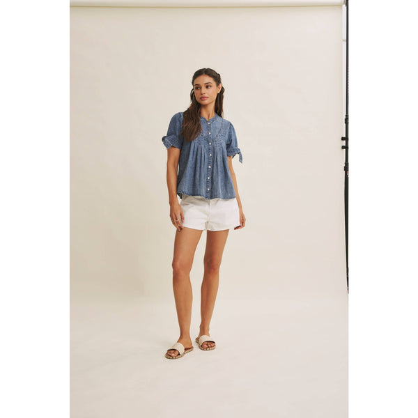SUNNY DAY MINERAL-WASHED DENIM PINTUCK SHIRT WITH TIE SLVS: WASHED DENIM / S - Lulu Bella Boutique